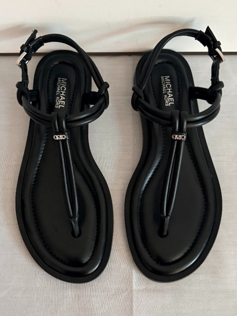 Michael Kors Black Astra Leather T Strap Flat Sandals Size 7.5